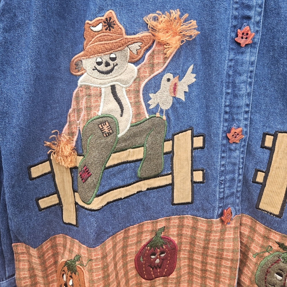 DRESS BARN | Scarecrow Pumpkins Fall Harvest Denim Button Up Shirt Sz XL - Picture 5 of 14